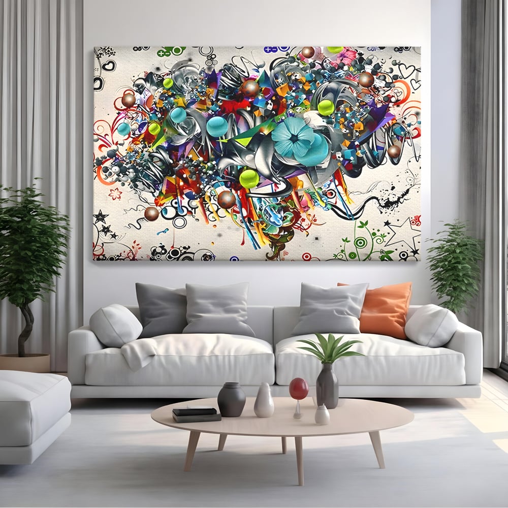 Tablou canvas cu tablou canvas cu compozitie abstracta, fara rama, pe sasiu de lemn, pe perete intr-un living